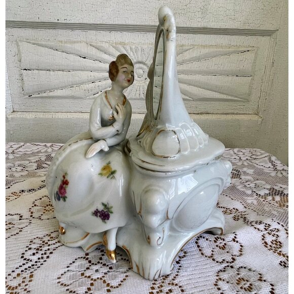 Antique 1940s Porcelain Lady Mirror Fairing/Powder.Trinket box - Picture 15 of 16